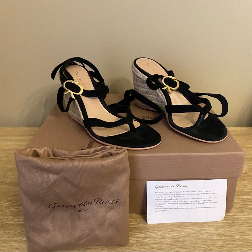 Gianvito Rossi Black Suede Wedge Sandals with Gold Buckle